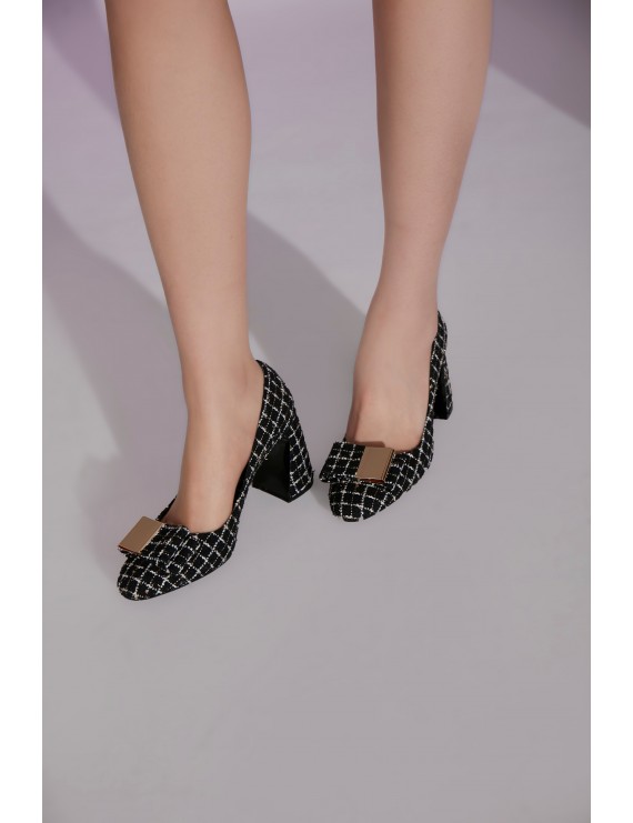 TWEED FABRIC HEEL SHOES - BLACK